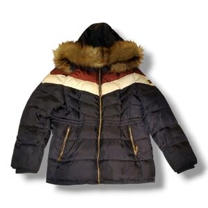 Stylish Blue Puffer Jacket with Fur Hood